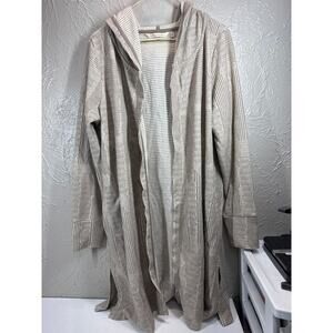 Soft Surroundings Tan White Hooded Open Front Soft Pocket Cardigan Sweater Large